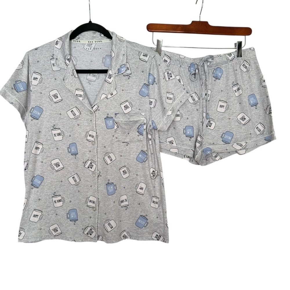 Rae Dunn Coffee Mug Print Pajama‎ Set Gray Short Sleeve Top Shorts Medium